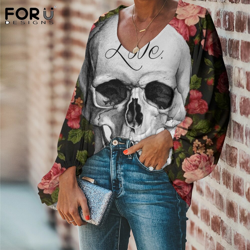 Sugar Skull With Flower Pattern Ladies Loose V Neck Casaul Balloon Sleeve