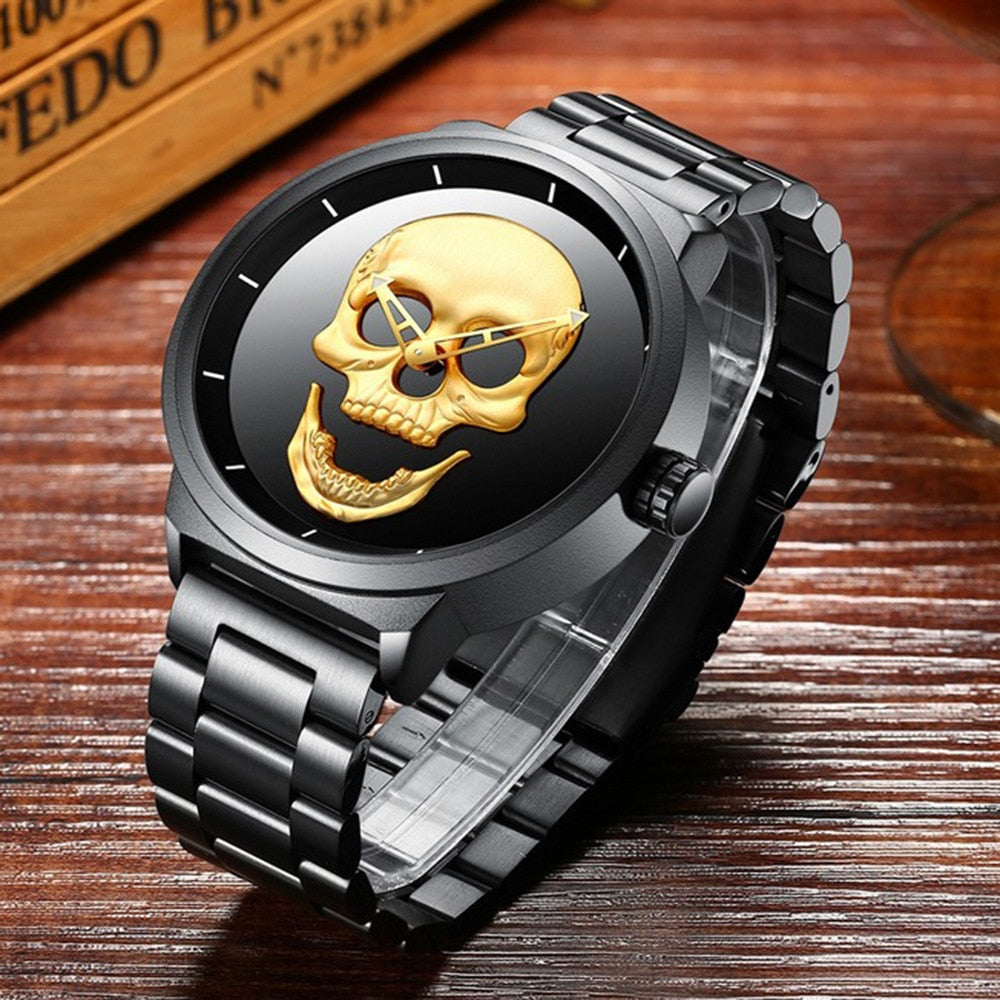 AISHY Fashion Men's Waterproof Stainless Steel Belt Skull Head Leather Copy Watch  Ghost Head Male Wristwatches Reloj Hombre