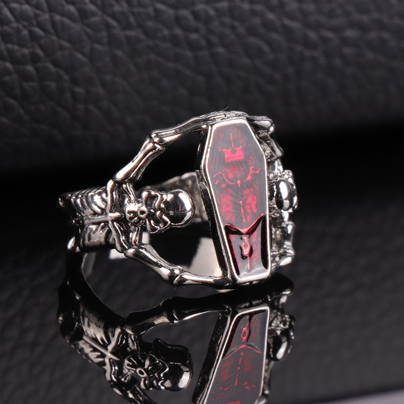 Punk Vintage Jewelry Silver Color Stainless Steel Vampire's Coffin Ring Party Charm Accessories