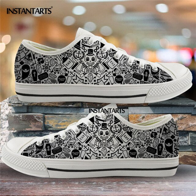 Hot Black Skull Printing Canvas Shoes Low Top Brand