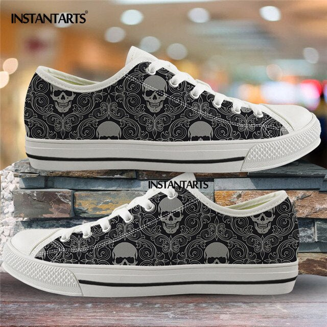 Hot Black Skull Printing Canvas Shoes Low Top Brand