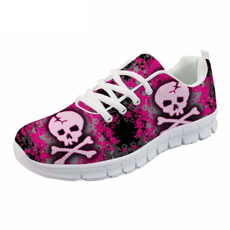 Shoes For Women Pink Punk Skull Print Summer Mesh Flat