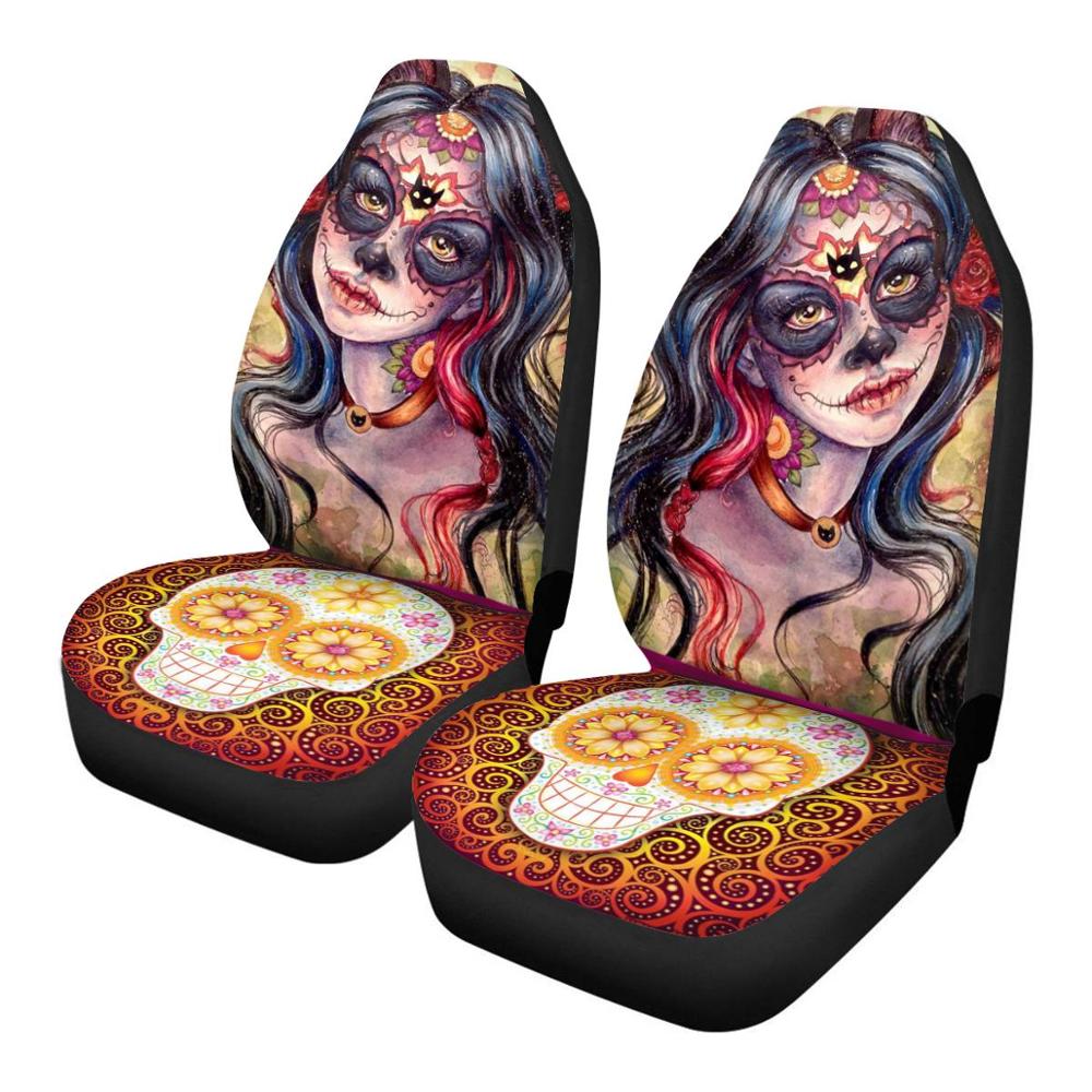 Printing Gothic Sugar Skull Car Front Seat Covers Durable Auto Interior Accessories Art Girl Seat Covers