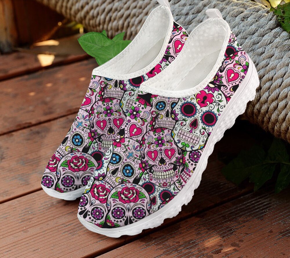 Breathable Ladies Mesh Flat Shoes Brand Design Sugar Skull