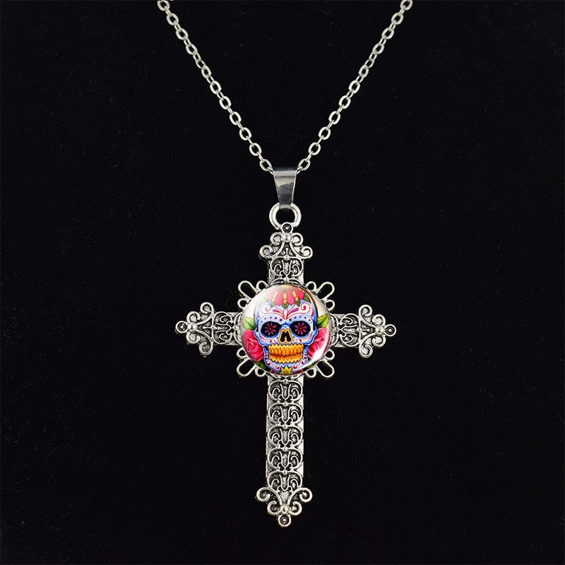 Sugar Skull Picture Glass Dome Cross Pendant Chain Necklace Punk Jewelry