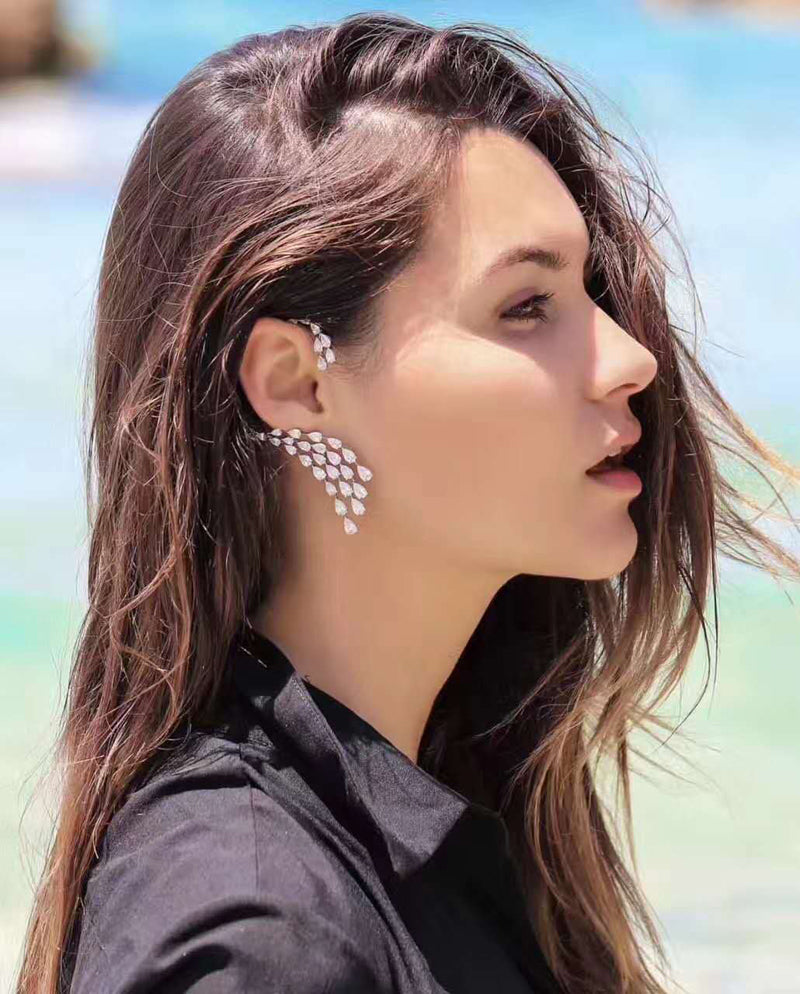 Luxury Design Clear Cubic Zircon Water Drop Ear Cuff Women Earrings Single Piece E-407