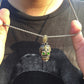 Mexican Large Sugar Skull with Green Eye Pendant Necklace