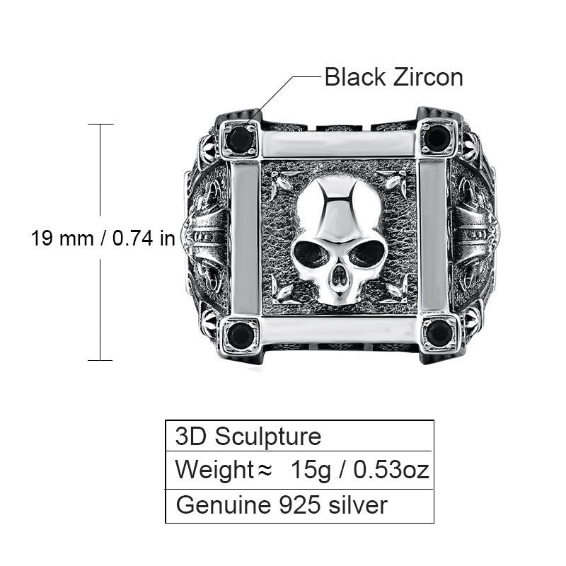 Sterling Silver Skull Rings For Men Zircon Ring Vintage