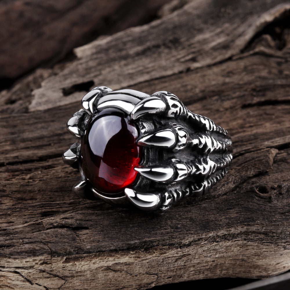 Punk Red Black Opal Stone Skull Dragon Claw Finger Ring For Men Male Fashion Jewelry Anel