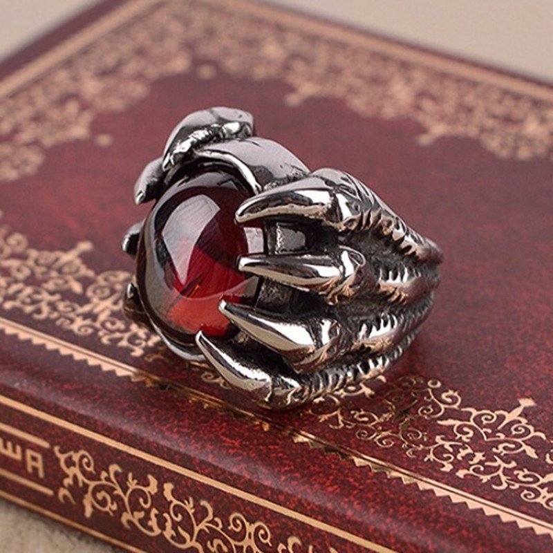 Punk Red Black Opal Stone Skull Dragon Claw Finger Ring For Men Male Fashion Jewelry Anel