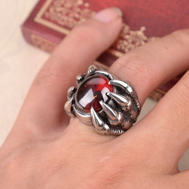 Punk Red Black Opal Stone Skull Dragon Claw Finger Ring For Men Male Fashion Jewelry Anel