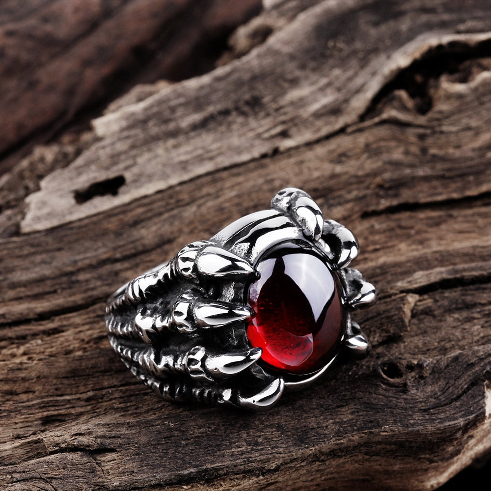 Punk Red Black Opal Stone Skull Dragon Claw Finger Ring For Men Male Fashion Jewelry Anel