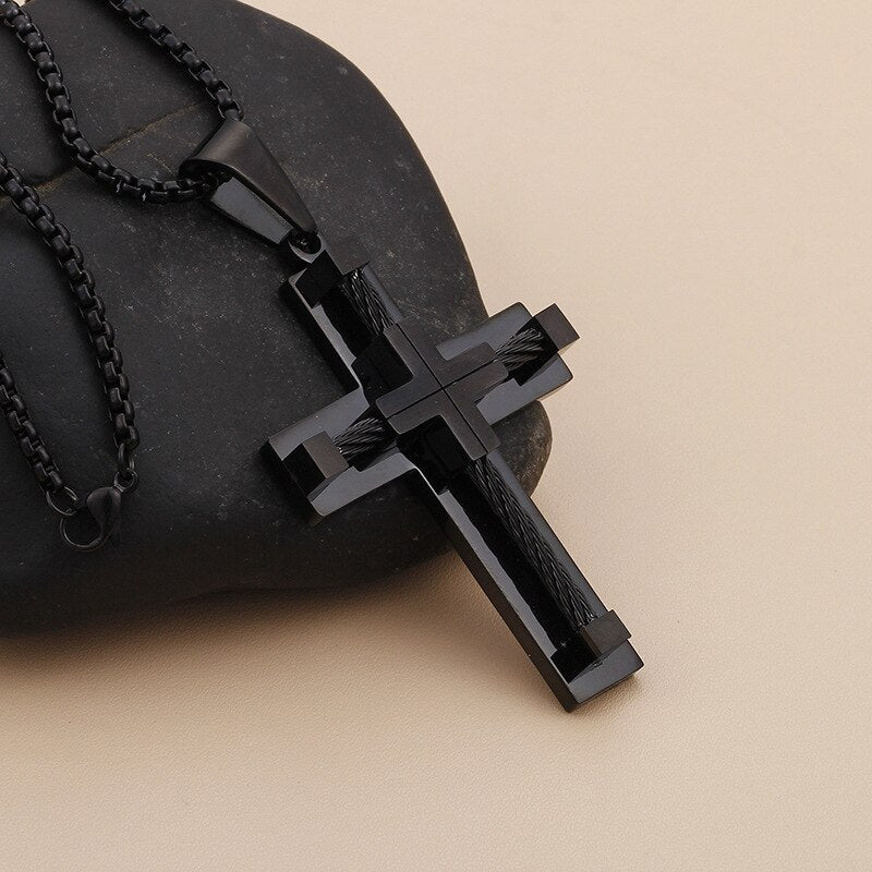 Fashion Men Punk Male Cross Jesus Pendant Black Titanium