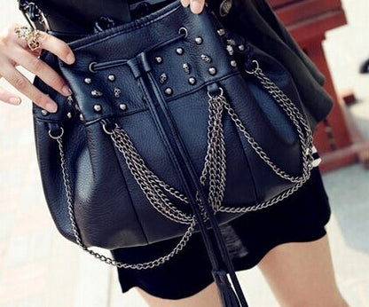 women skull rivet bucket bag fashion tassel chain