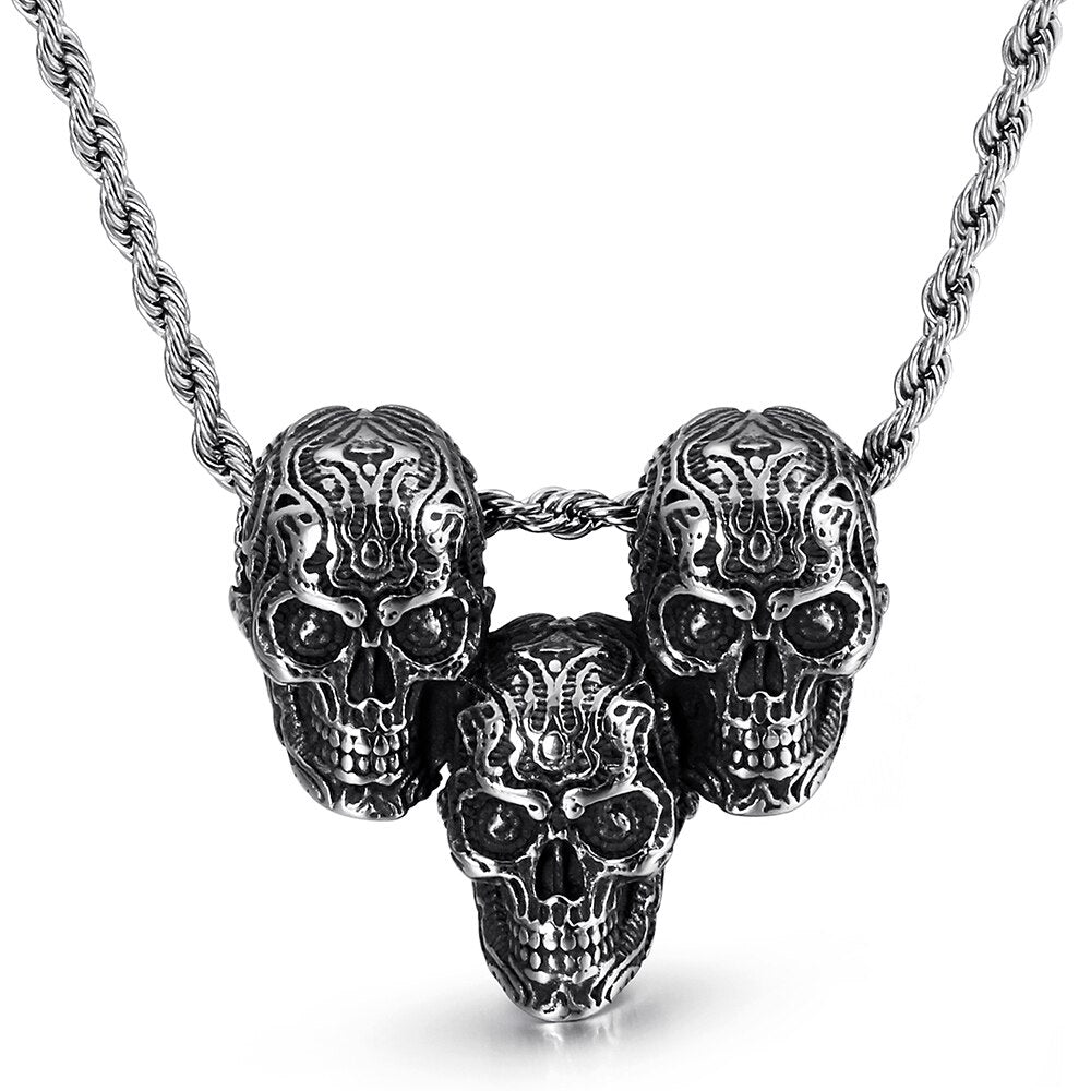 Hip-Hop Rock Three Skull Heads Pendant Necklace Charm Men Vintage