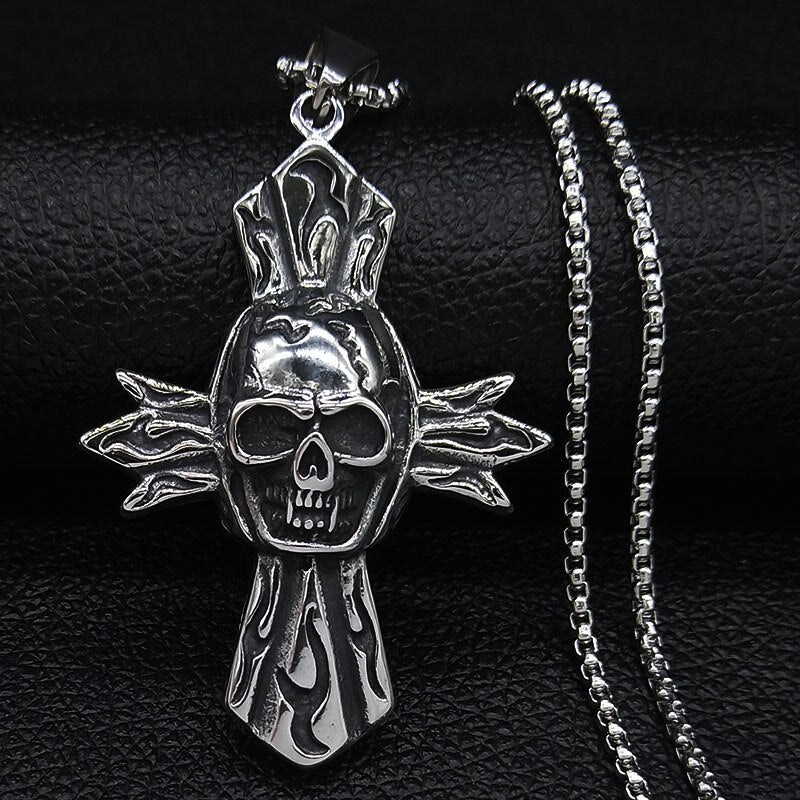 2020 Gothic Skull Cross Stainless Steel Big Necklace Men Silver