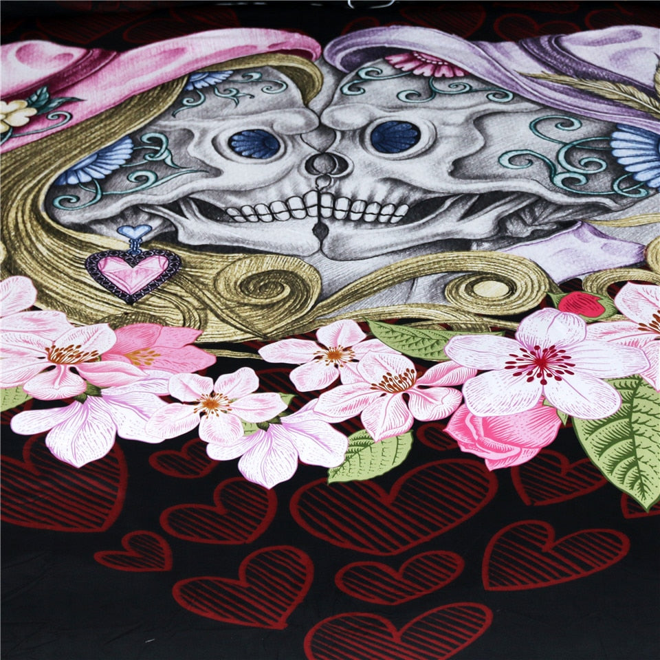 Skull Couples Bed Sheets Gothic Flat Sheet Pink Flowers Love Bed