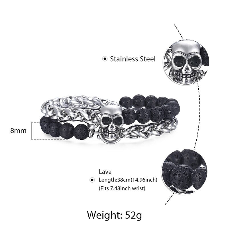 Skull Charm Bracelets for Men Stainless Steel Double Layered Wheat Link Black L
