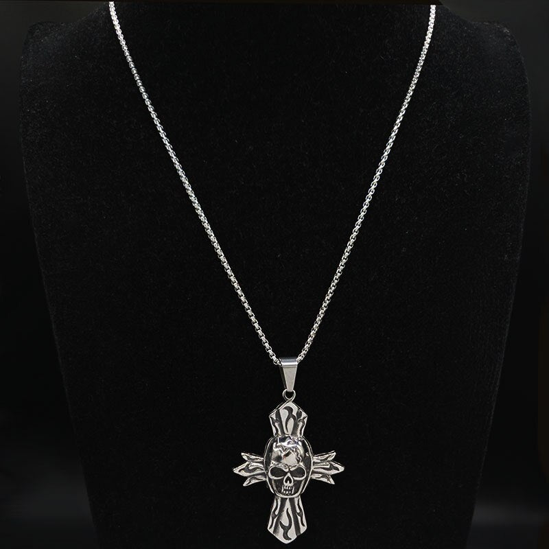 2020 Gothic Skull Cross Stainless Steel Big Necklace Men Silver