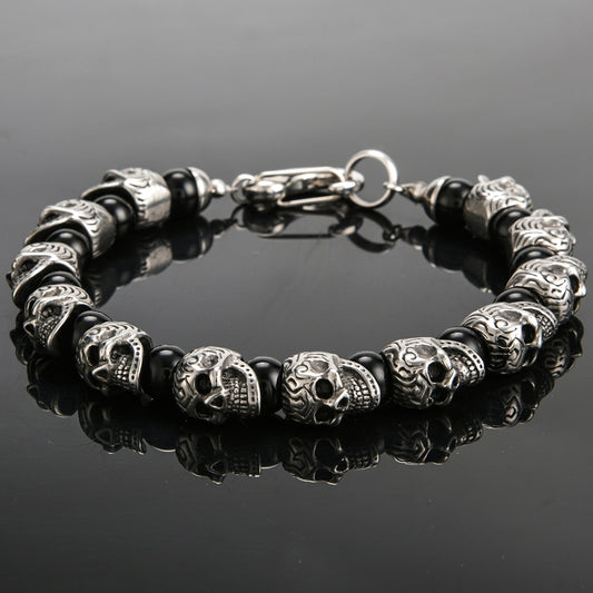 Vintage Stainless Steel Skull Beads Bracelet Men 8MM Natural Stone Mens Beaded Bracelets