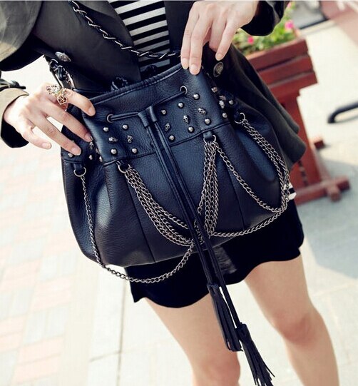 women skull rivet bucket bag fashion tassel chain