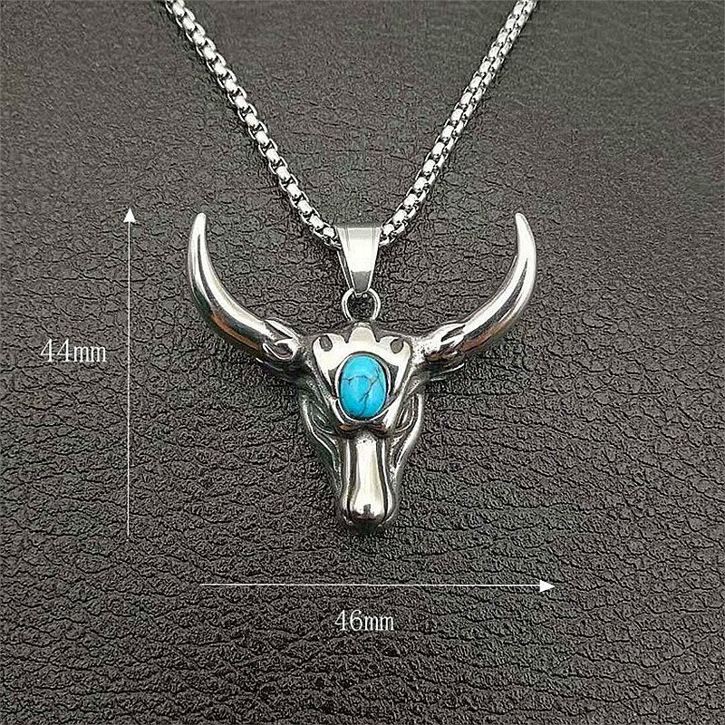 Punk Skull Bull Head Pendants Natural Stone Men's Necklace