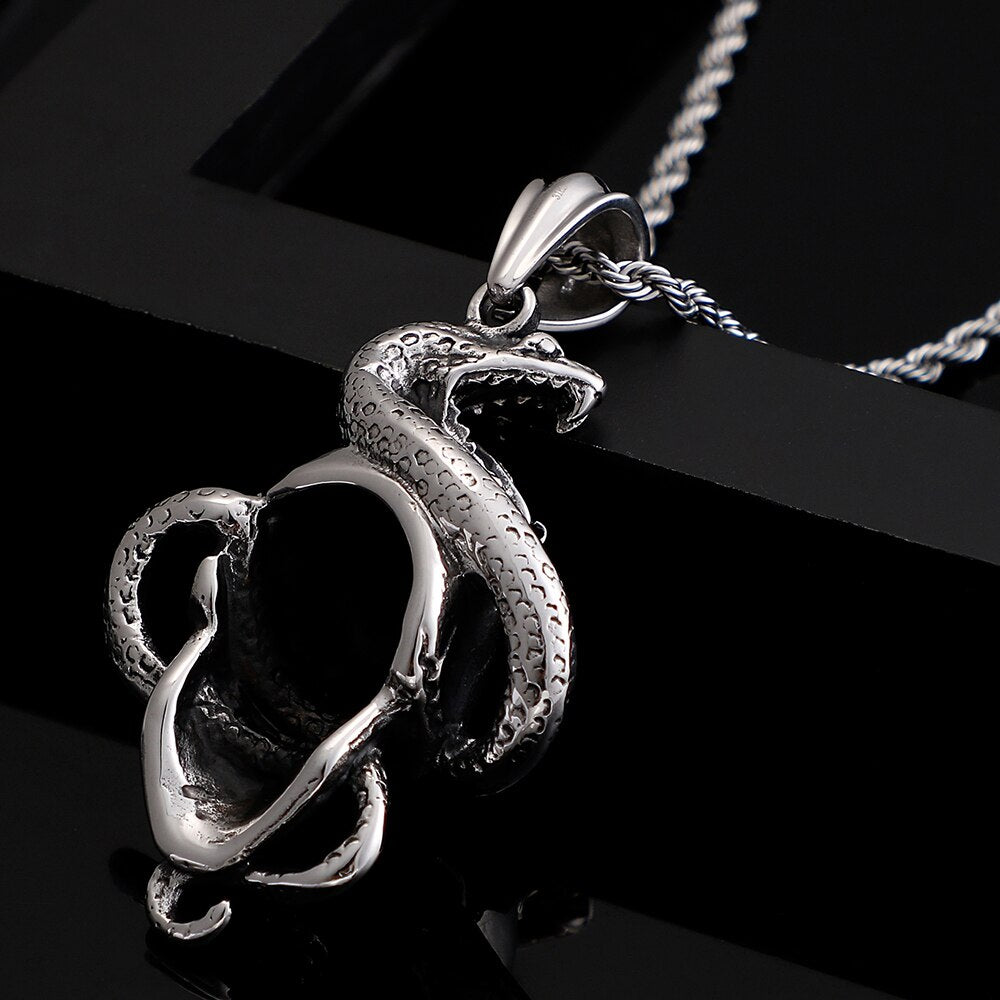 Hiphop Rocker Skull & Snake Stainless Steel Pendant Necklace