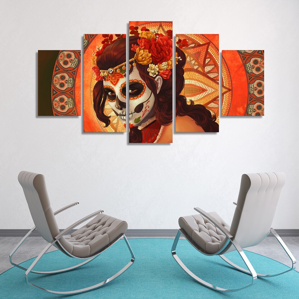 HD 5 piece Canvas Art HD Printed Day of the Dead Face sugar skull