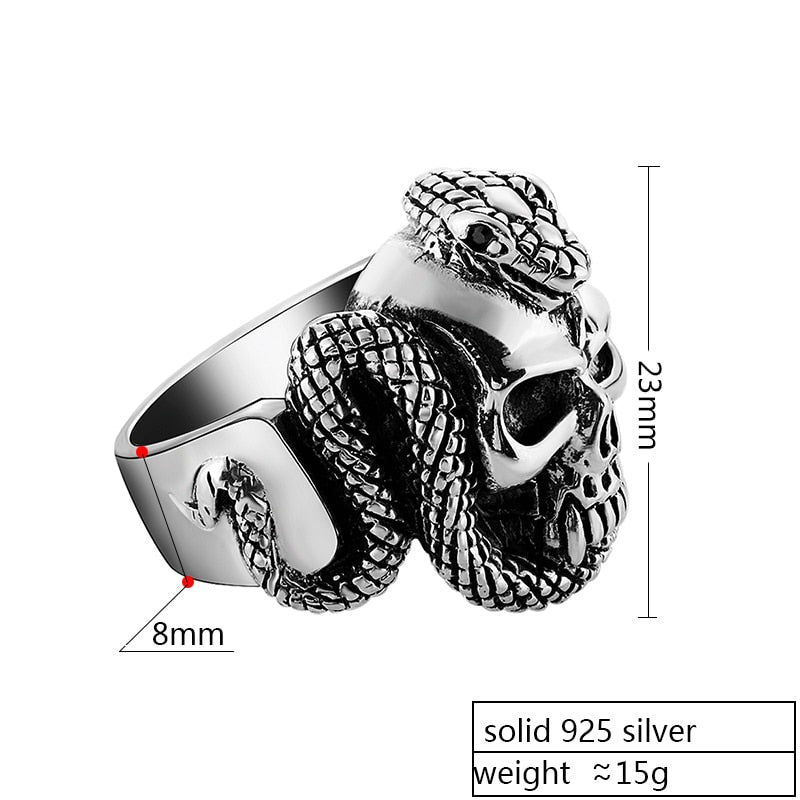 Sterling Silver Skull Ring Men With Snake Big Punk Rock Gift