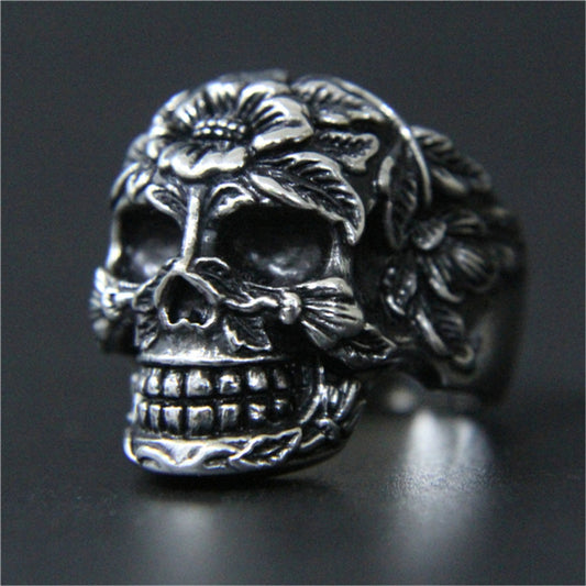 Stainless Steel Jewelry Men Boys Punk Rose Flower Skull Ring