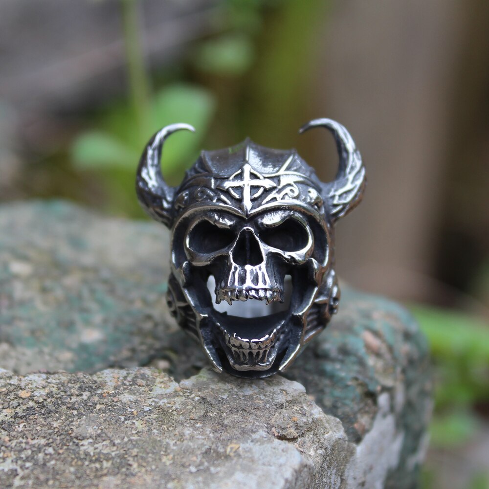 Stainless Steel Viking Warrior Skull Rings Mens Punk Nordic God