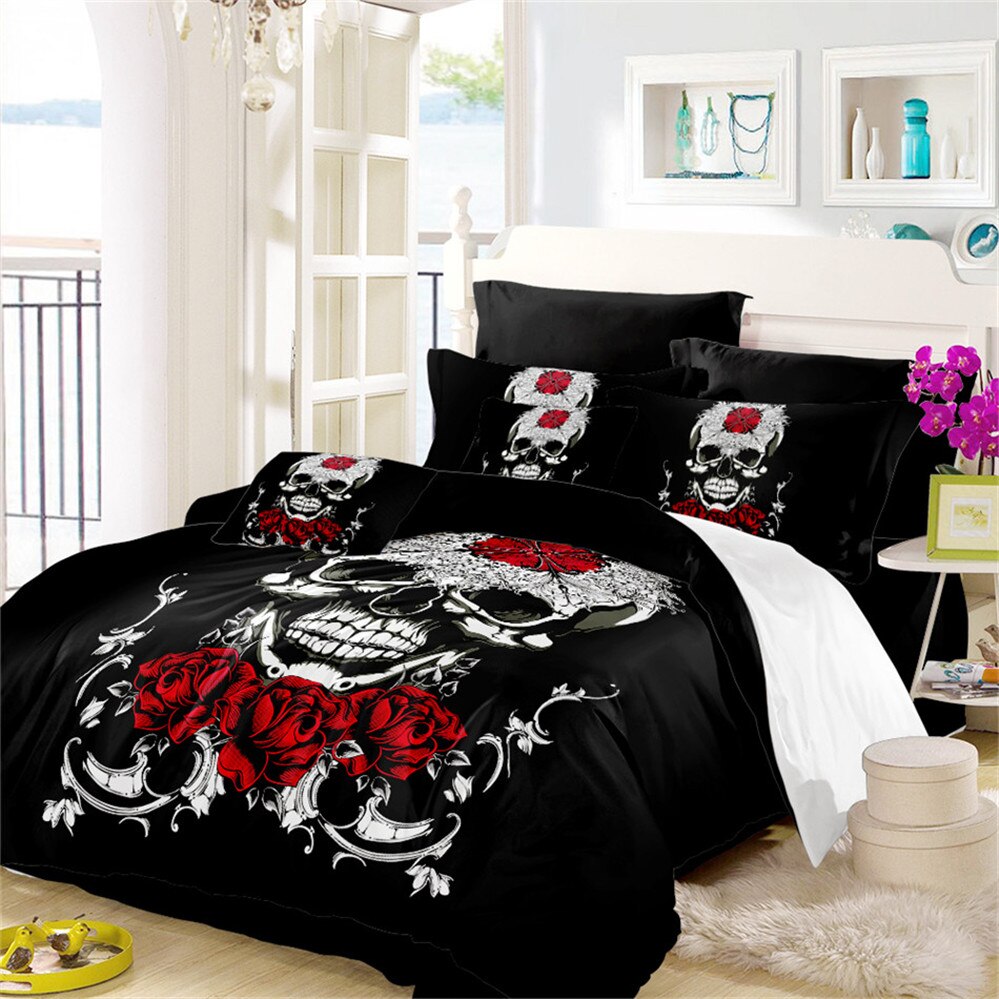 Ladies Sugar Skull Bedding Set Red Flowers Print Duvet Cover