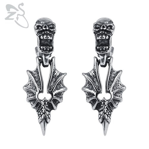 Punk Men's Stainless Steel Earrings Skull & Dragon Wings Stud Earrings