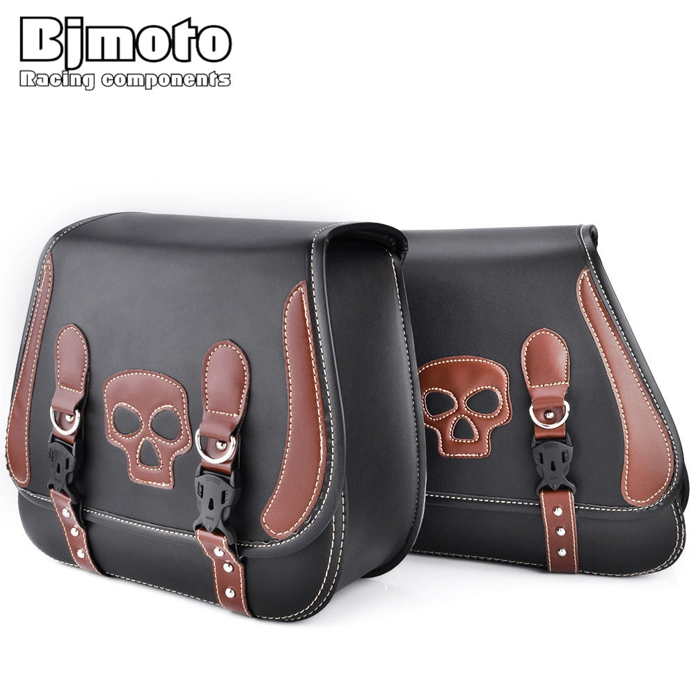 Pair Motorcycle Side Saddle Bags Skull PU