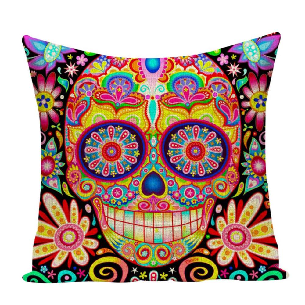 Colorful Square Pillow cover Sugar Skull Decor Living Room Cushion