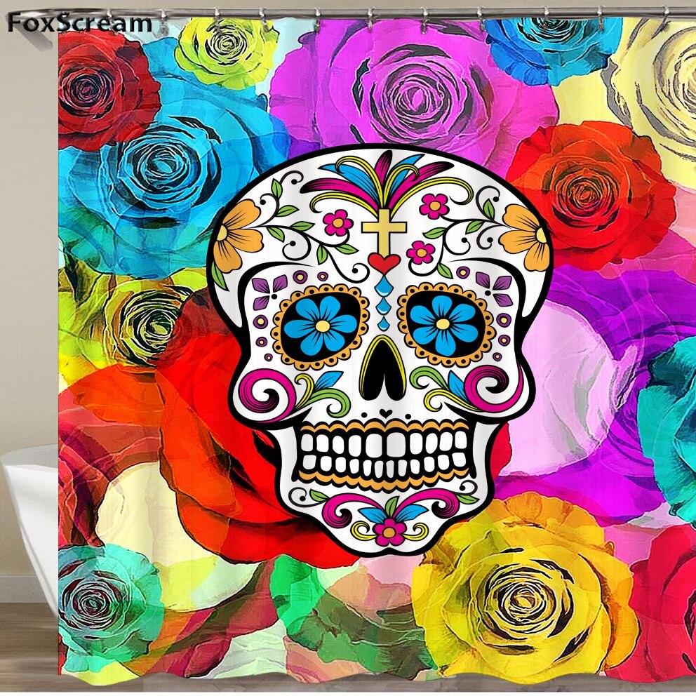 Mexican Fabric Sugar Skull show Curtains Cartoon Colored Skull  Shower Curtain Bathroom Waterproof  Polyester With Hooks