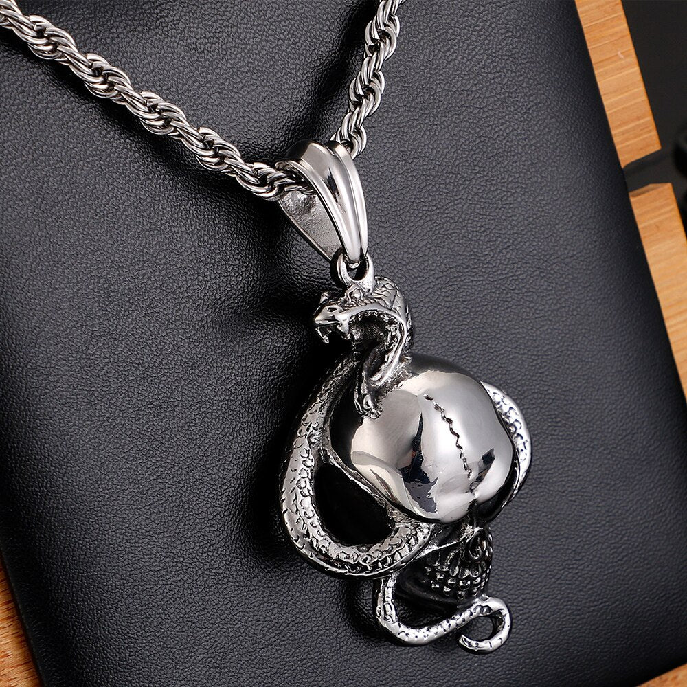 Hiphop Rocker Skull & Snake Stainless Steel Pendant Necklace