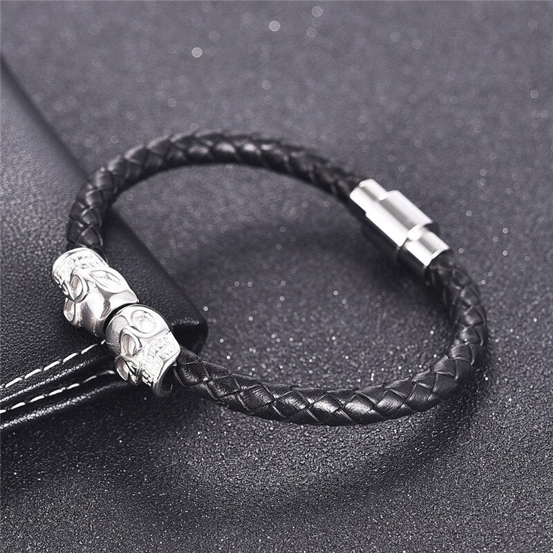 Jiayiqi Black Leather Bracelet for Men Jewelry Skull Stainless Steel