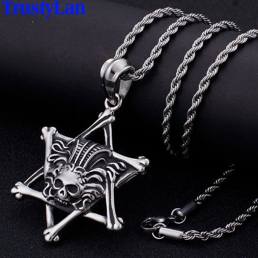 Rocker Gothic Skull & Star Necklace Men 60CM Long Chain