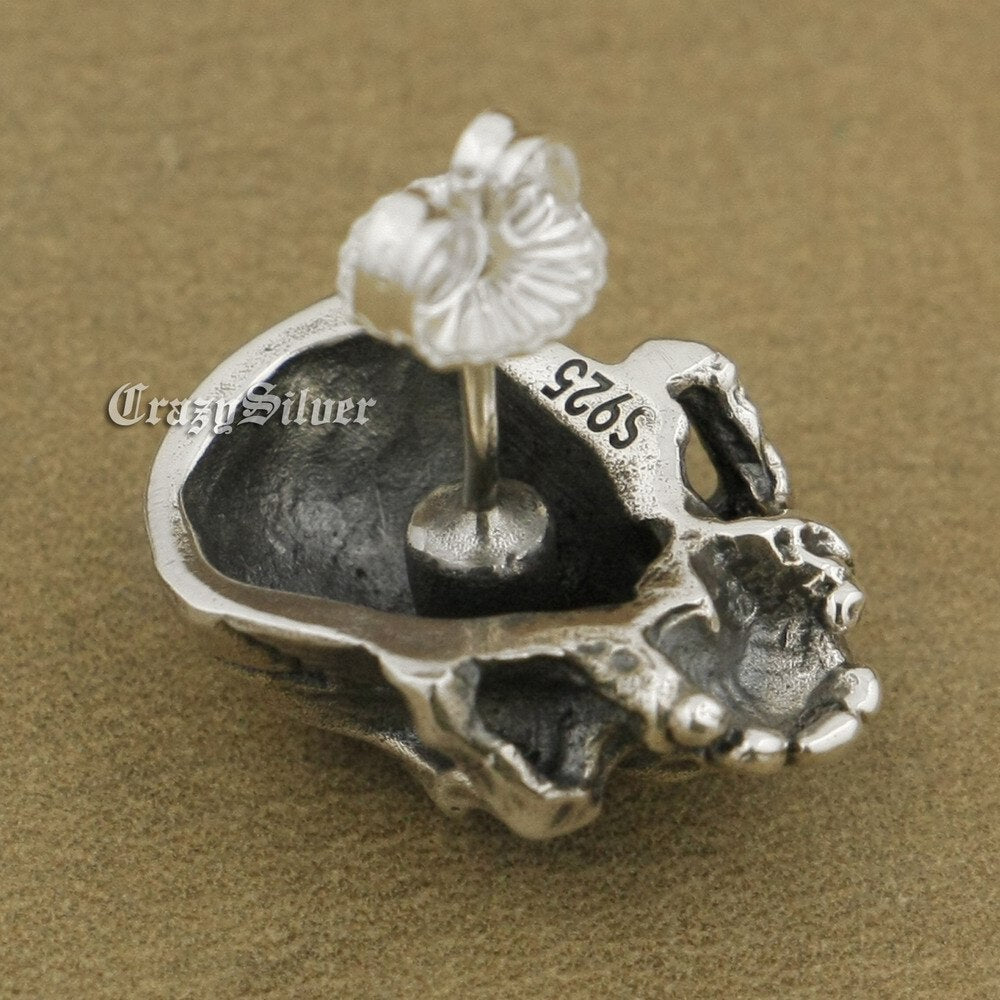 925 Sterling Silver Mens Biker Rock Punk Skull Stud Earrings TA40