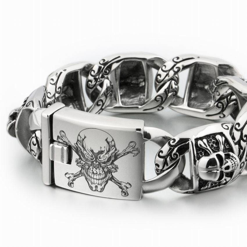 Stainless Steel Deep Laser Engraved Pirate Skull Mens Boys Biker Rock Punk Bracelet 5T102