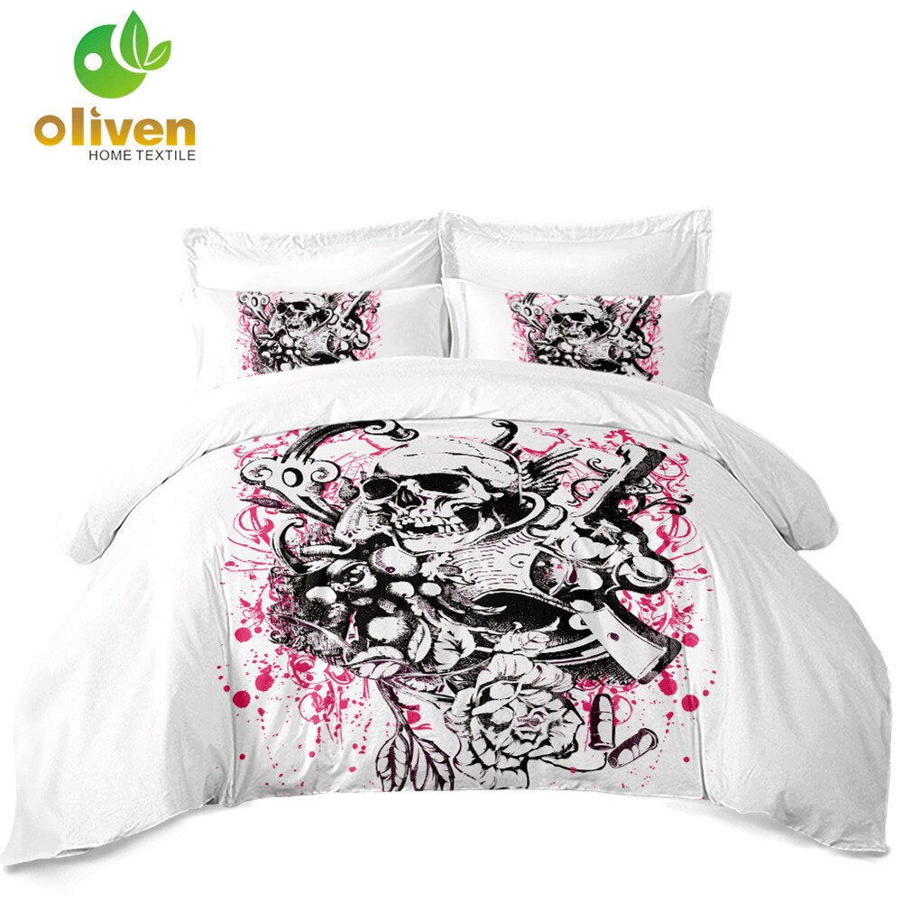 Sugar Skull Bedding Set Hot Pink Flower With Pistol Duvet Cover