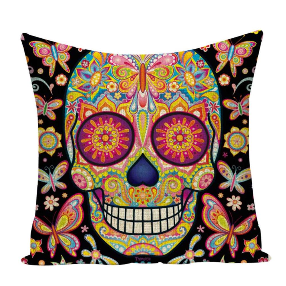 Colorful Square Pillow cover Sugar Skull Decor Living Room Cushion