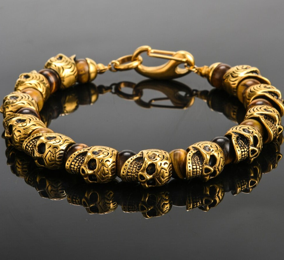 Natural Stone Skull Beads Bracelet Men Gothic Gold Stainless Steel
