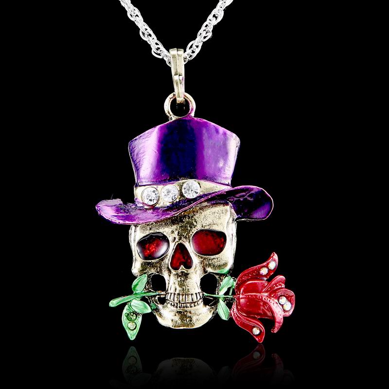 Long Jewelry Sweater Necklace Clear Crystal Skull Flowers Jewelry