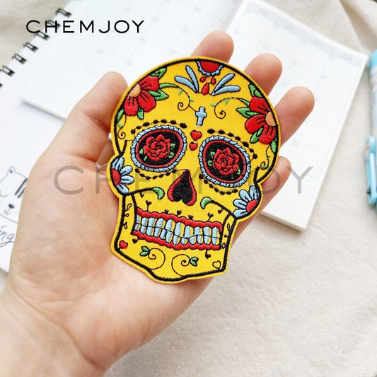 Yellow Mexican Skull Embroidered Skull Patch for Clothing Iron on Sewing Applique for Jackets Jeans Clothes Stickers Badges