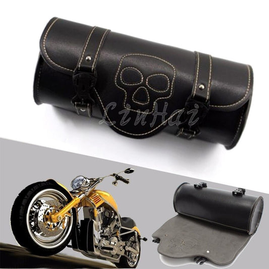 Motorcycle Skull Saddlebag PU Leather Round Barrel Saddle Tool Bag