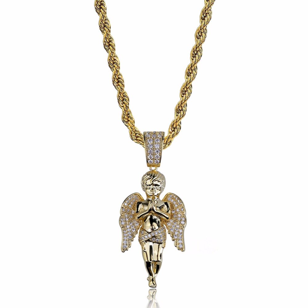 AAA+ Zircon Bling Ice Out Cupid Angel Pendant Necklaces Gold