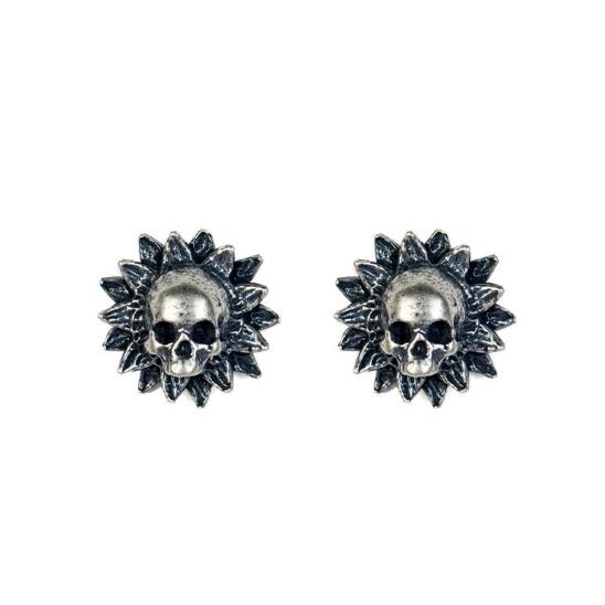 Punk Style Pure 925 Sterling Silver Skull And Flower Stud Earrings