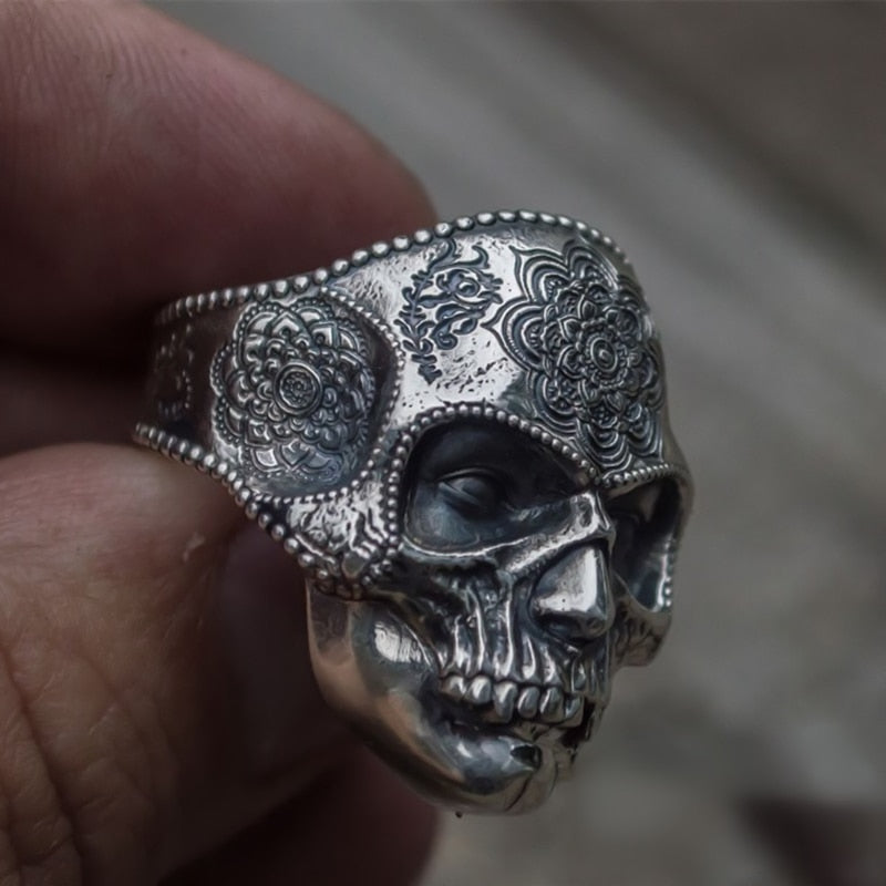 Unique Silver Color 316L Stainless Steel Heavy Sugar Skull Ring Mens